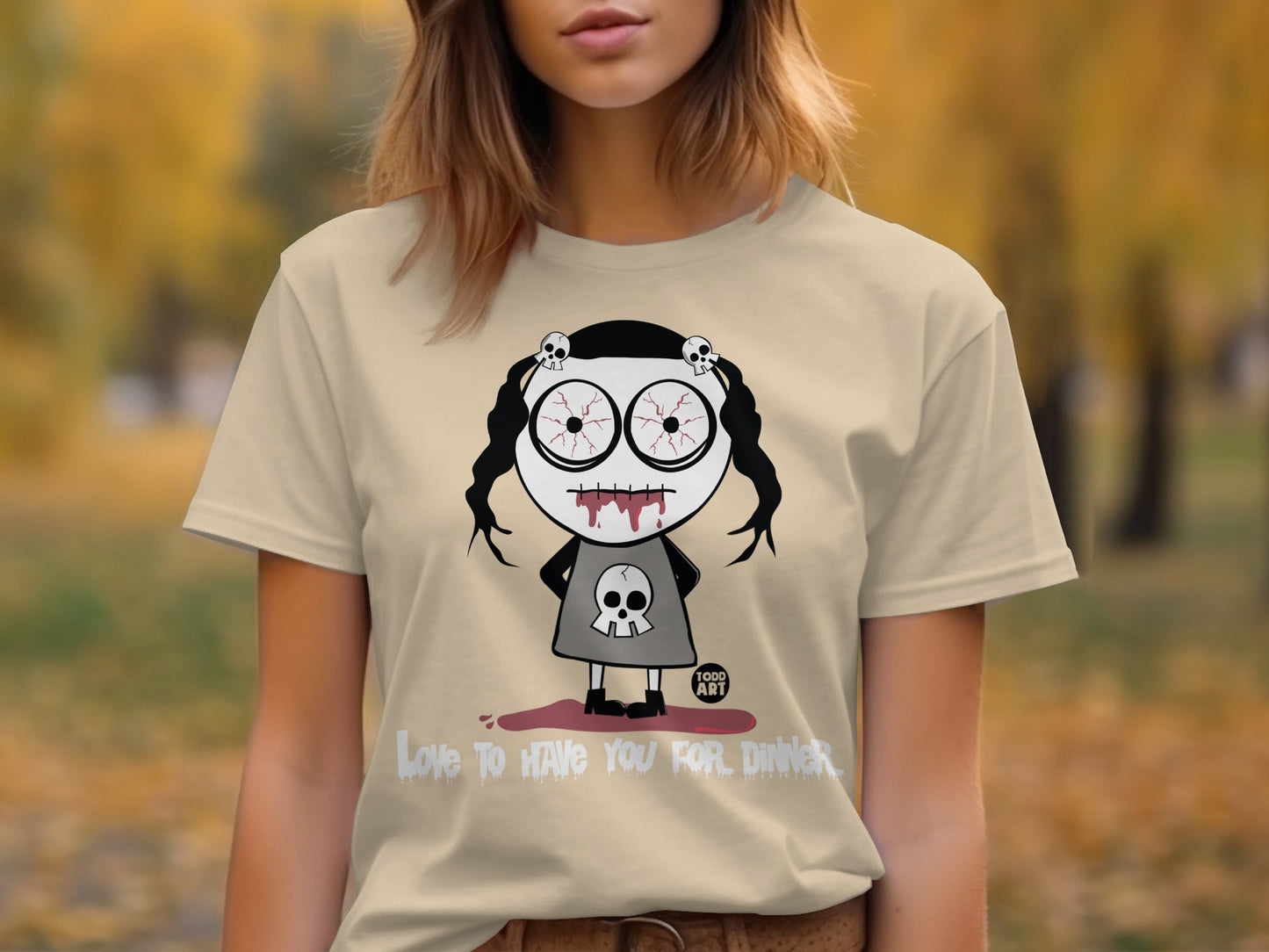 Funny Spooky Character Tee with Quirky Dinner Message