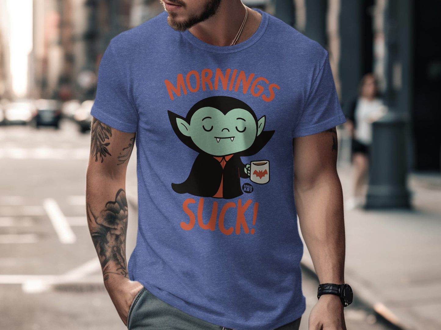Mornings Suck Vampire with Coffee Graphic Tee product type