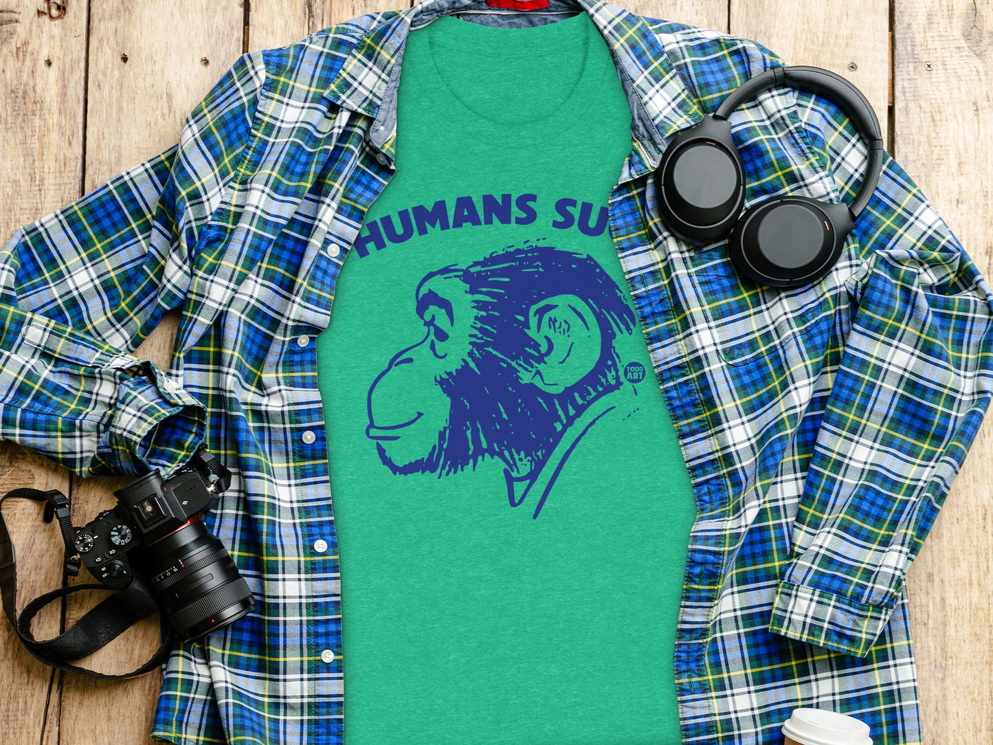 Humans Suck Monkey Graphic Green T-Shirt product