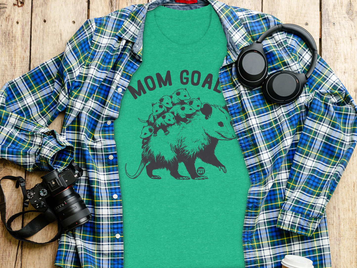 Mom Goals Graphic Teal Shirt With Cute Baby Possums Design