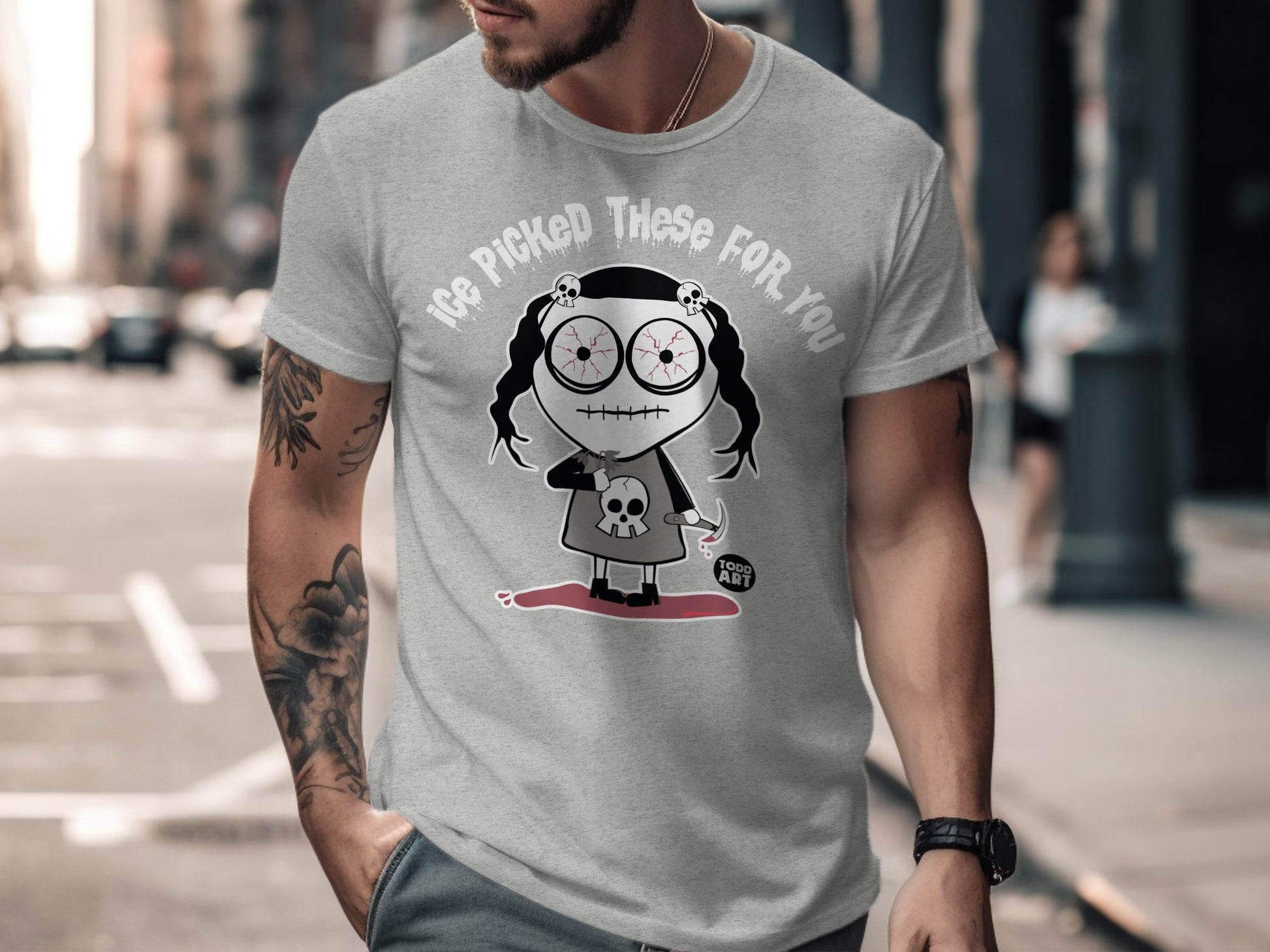 Creepy Doll Themed Graphic Tee with Catchy Slogan